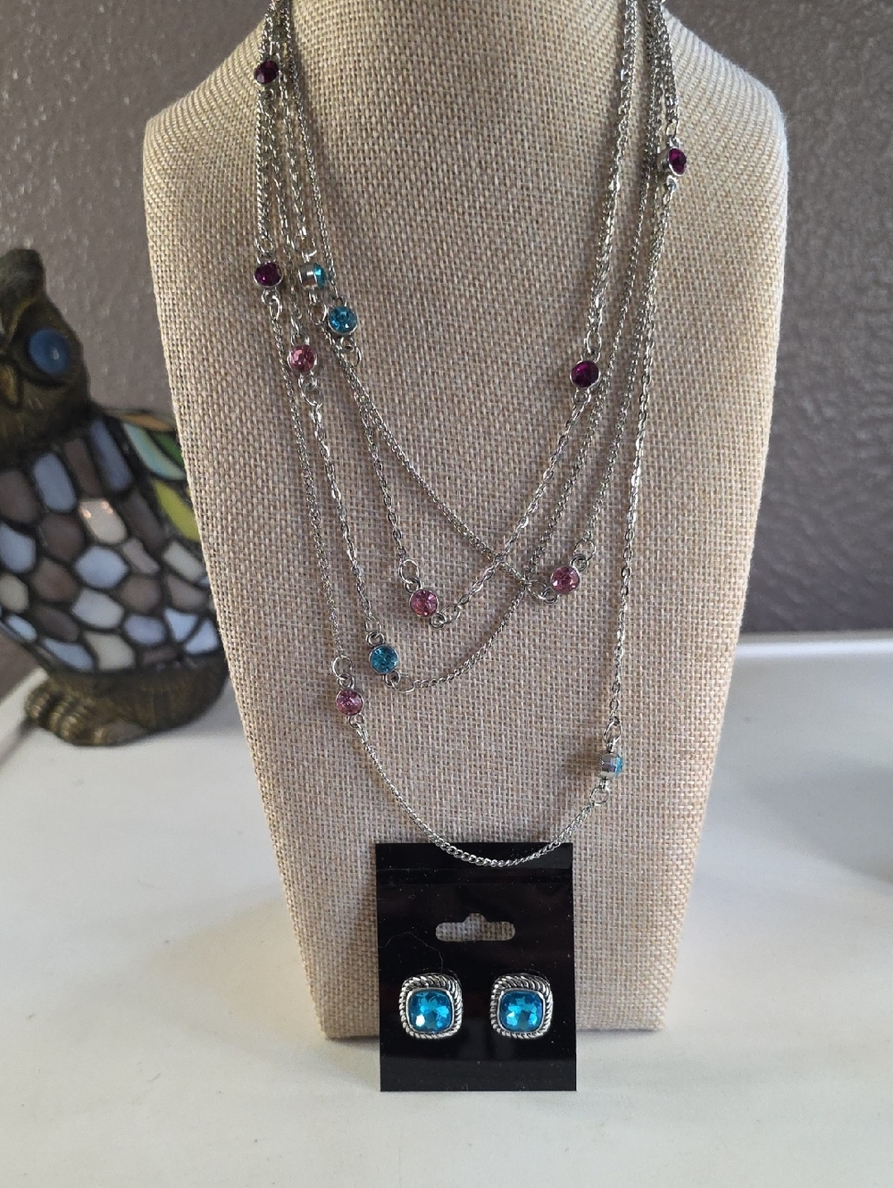 Multi-Strand Silver Necklace and Blue Stone Stud Earrings - Pink & Blue Accents